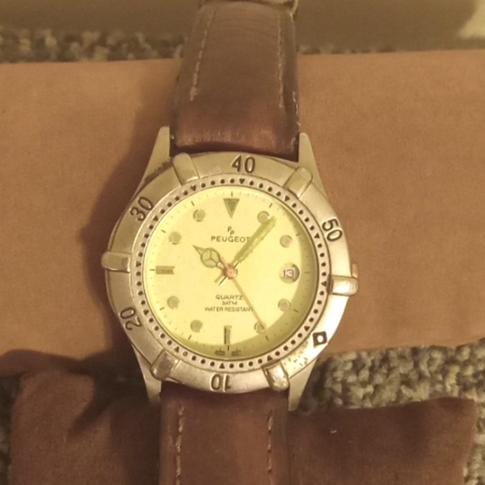 Peugeot brown band men's watch water-resistant vintage style.